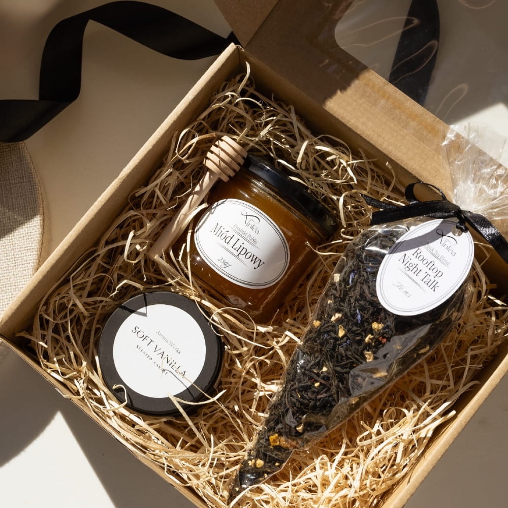 Zestaw prezentowy z miodem, świeczką i herbatą premium. Prezent na każda okazję.