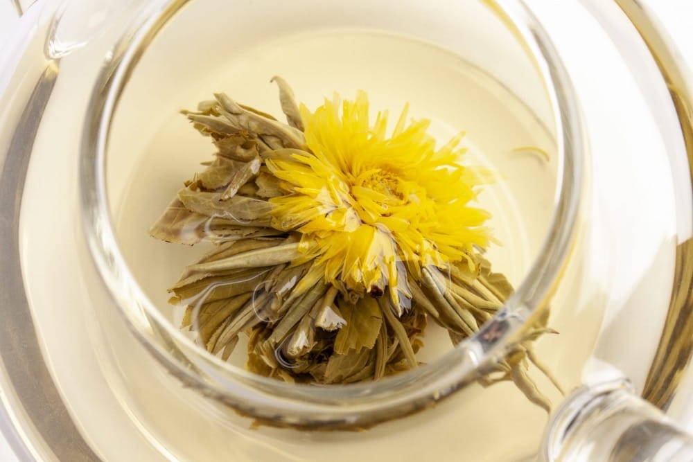 Herbata Rozkwitająca Marigold, ręcznie zwijana biała herbata z kwiatem amarantusa po rozwinięciu.