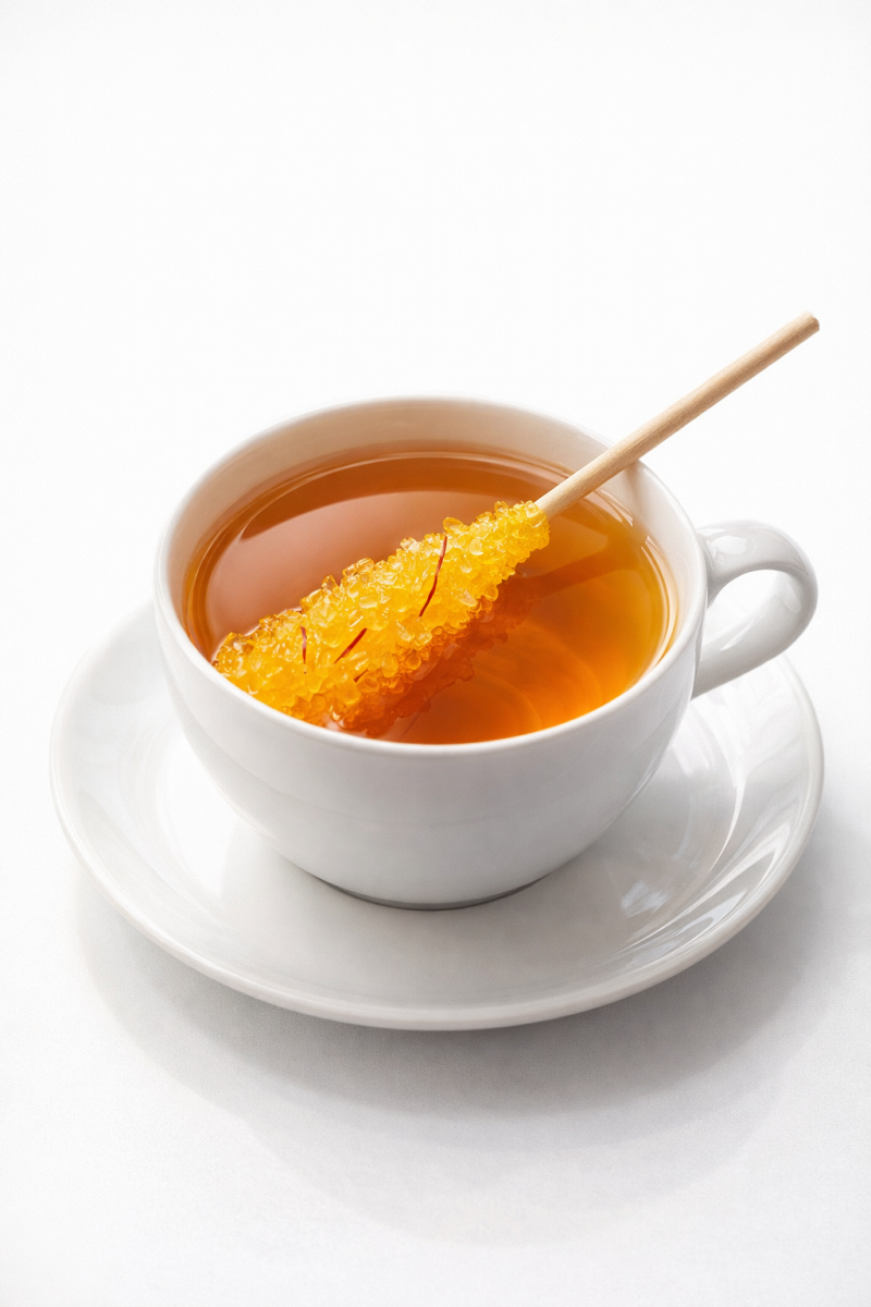 Cukier kandyzowany z szafranem z Iranu w formie pojedynczej pałeczki cukrowej w filiżance herbaty