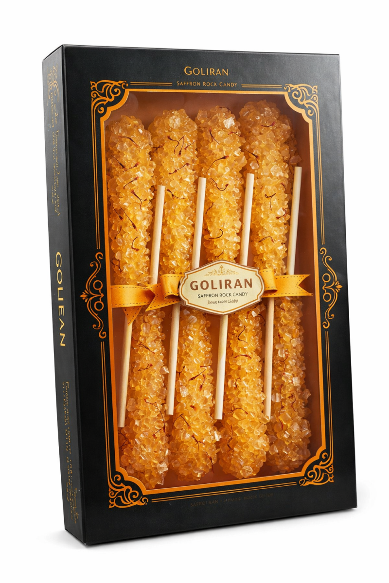 Cukier kandyzowany z szafranem z Iranu w zestawie 8 szt.  pojedynczych pałeczkek cukrowych w kartonie.