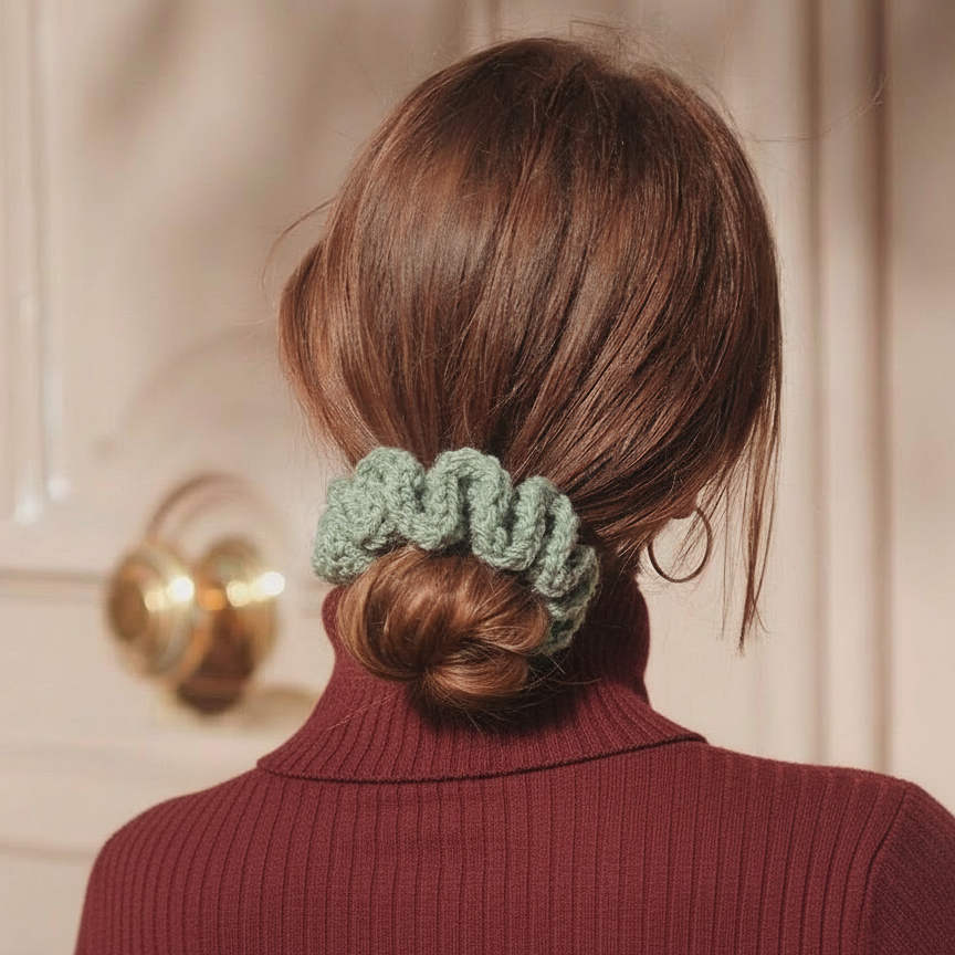 Ręcznie robiona gumka do włosów na szydełku wykonana z materiałów z upcyklingu, pokazana na włosach modelki.