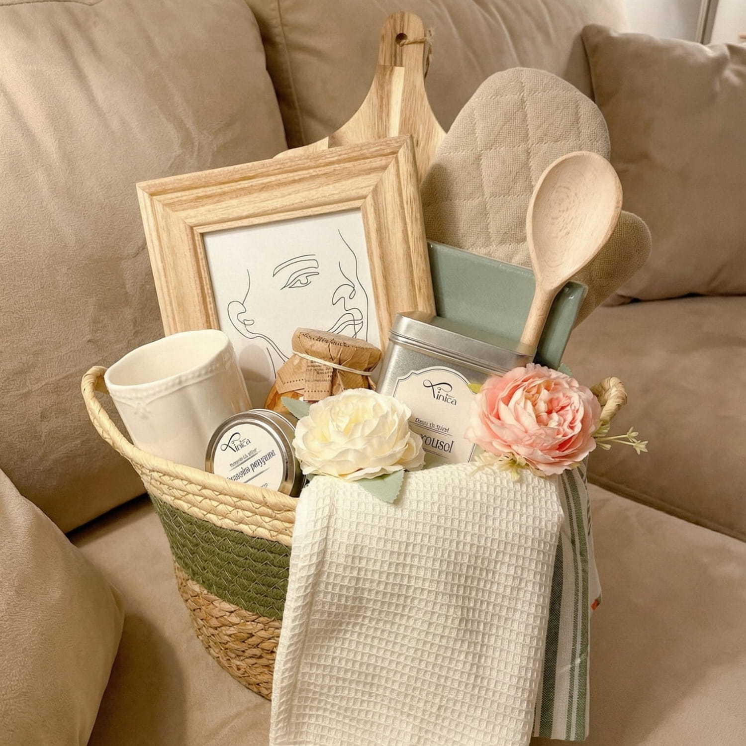 Kosz prezentowy na domówkę, na beżowej miękkiej kanapie
