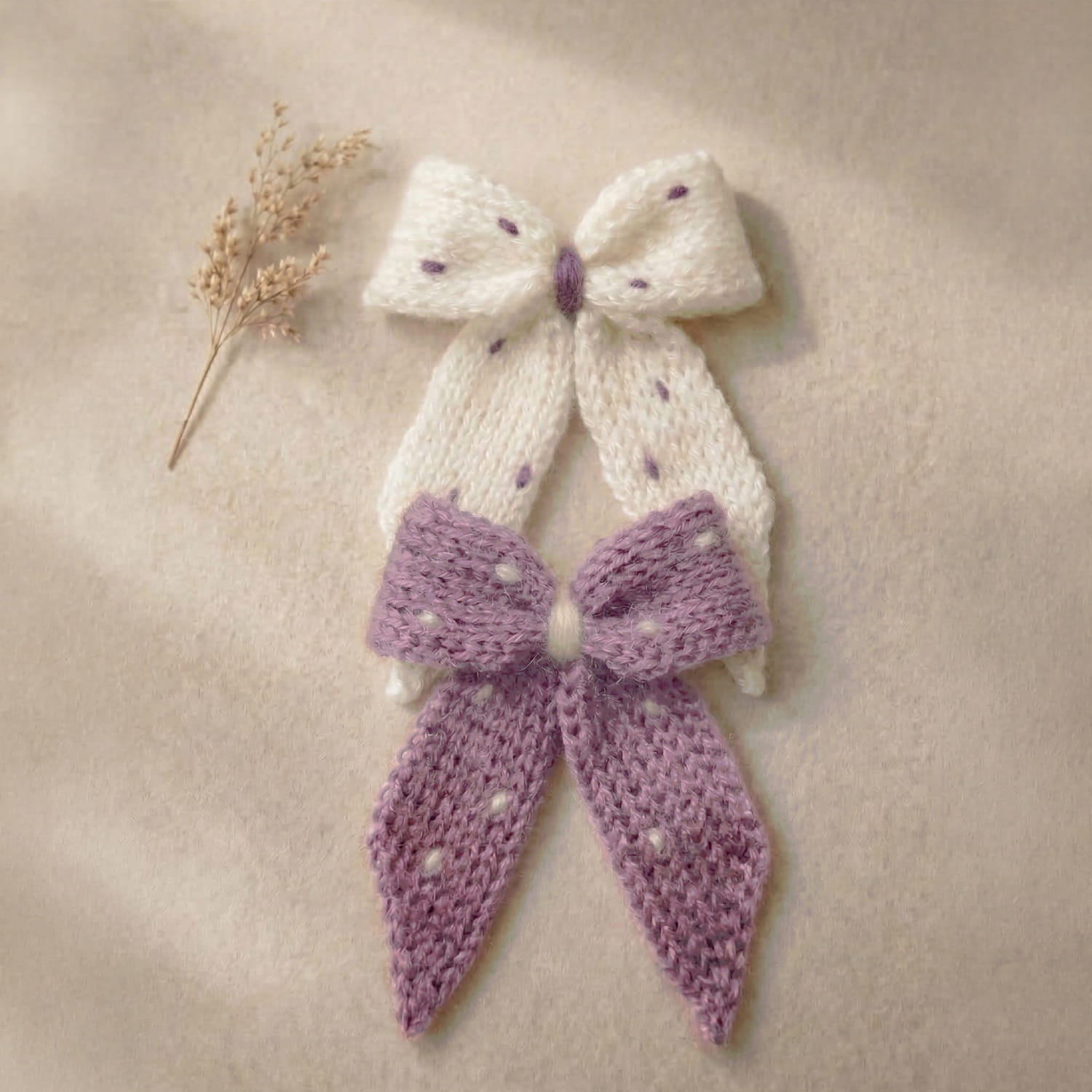 Ręcznie dziergane dwie spinki do włosów w formie kokardy w kropki.