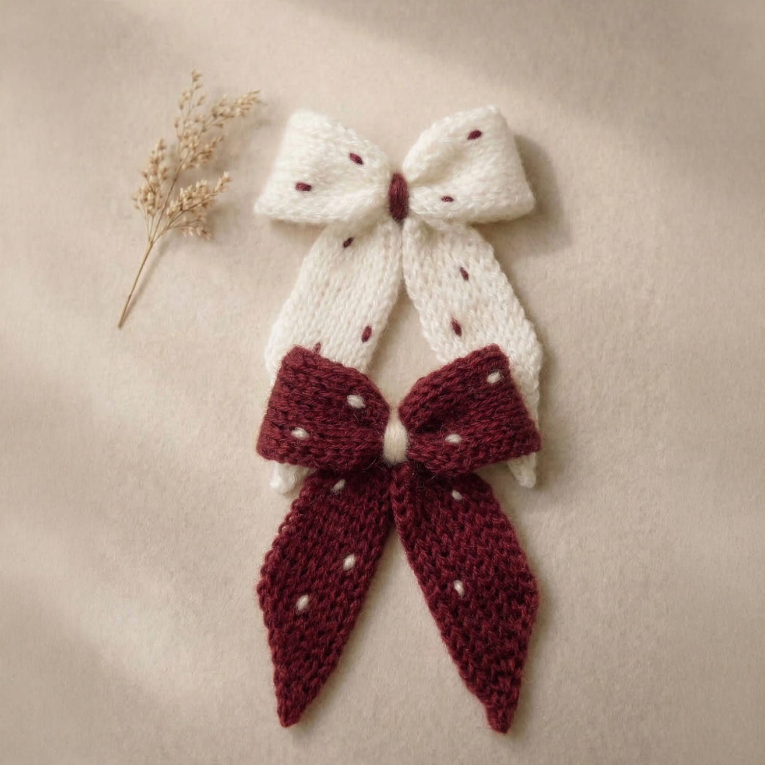 Ręcznie dziergane dwie spinki do włosów w formie kokardy w kropki.