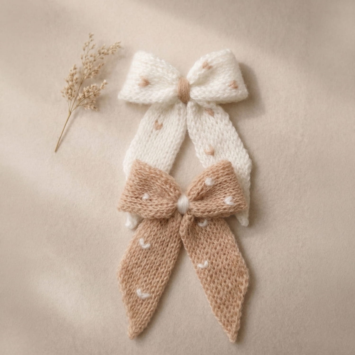 Ręcznie dziergane dwie spinki do włosów w formie kokardy w kropki.