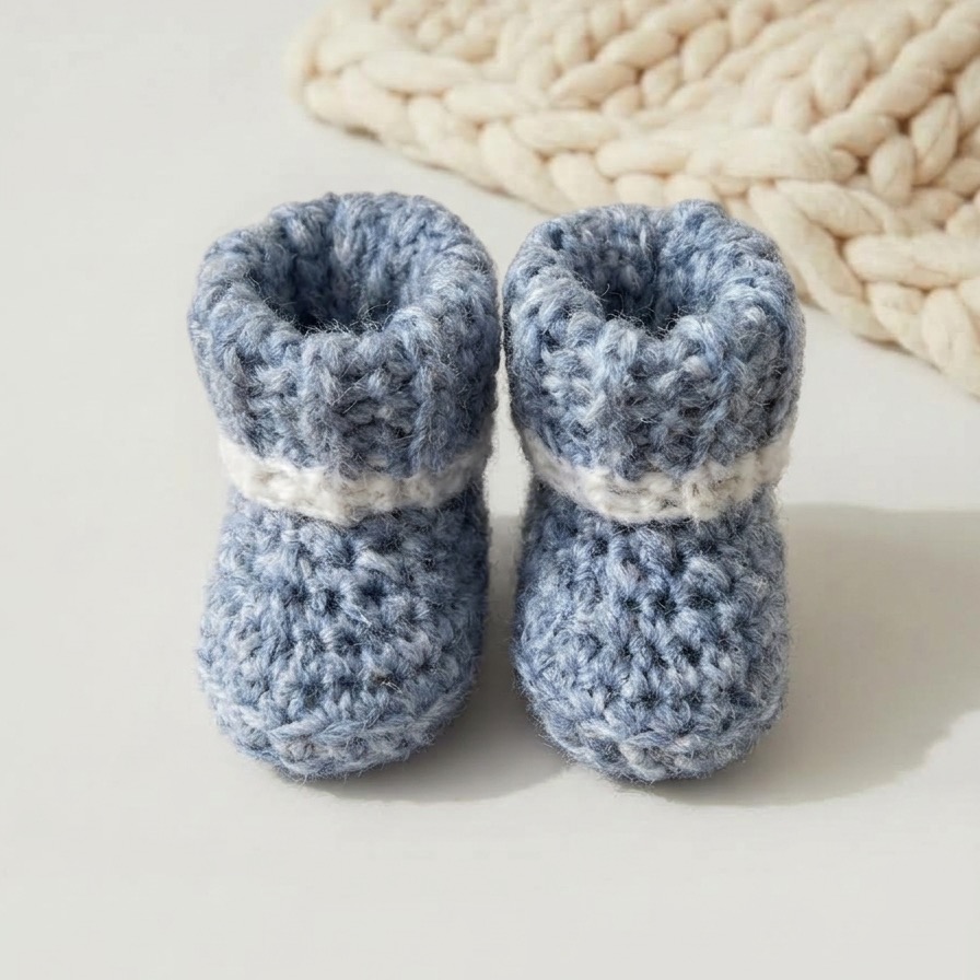 Ręcznie szydełkowane buciki niemowlęce niechodki z 100% baby alpaki. Ciepłe buciki dla noworodka 0–3 miesiące z elastycznym ściągaczem, wykonane z niepowtarzalnej przędzy z drugiego obiegu.