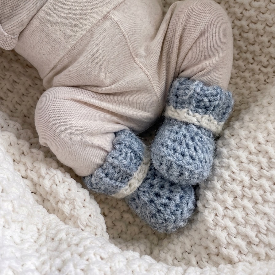 Ręcznie wykonane buciki niemowlęce niechodki z 100% baby alpaki na stópkach niemowlęcia. Miękkie buciki dla noworodka 0–3 miesiące, zakładane bezpośrednio na stópkę dzięki elastycznemu ściągaczowi.