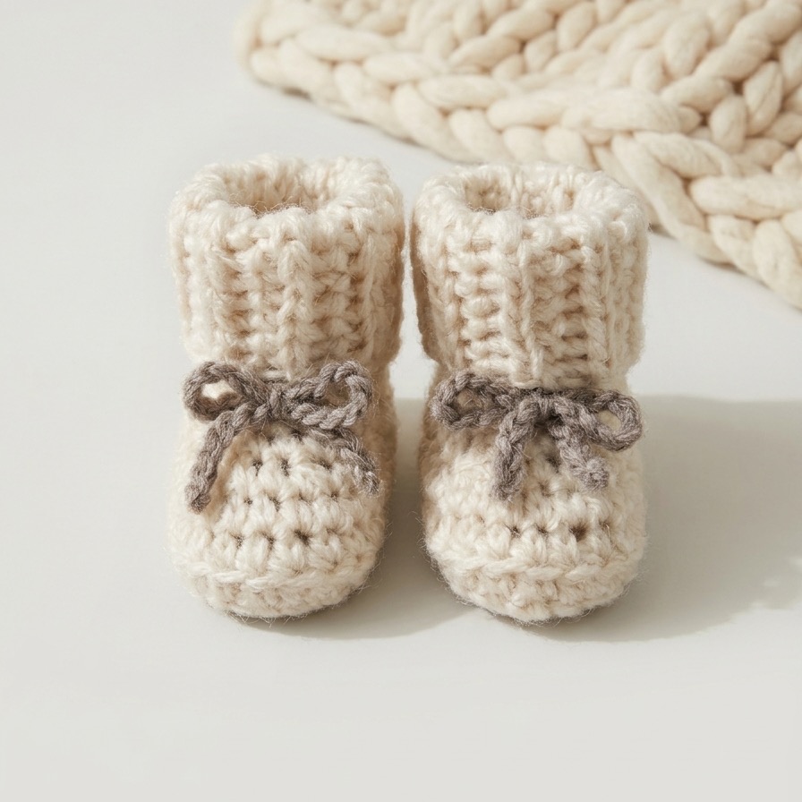 Ręcznie szydełkowane buciki niemowlęce niechodki z 100% baby alpaki. Ciepłe buciki dla noworodka 0–3 miesiące z elastycznym ściągaczem, wykonane z niepowtarzalnej przędzy z drugiego obiegu.