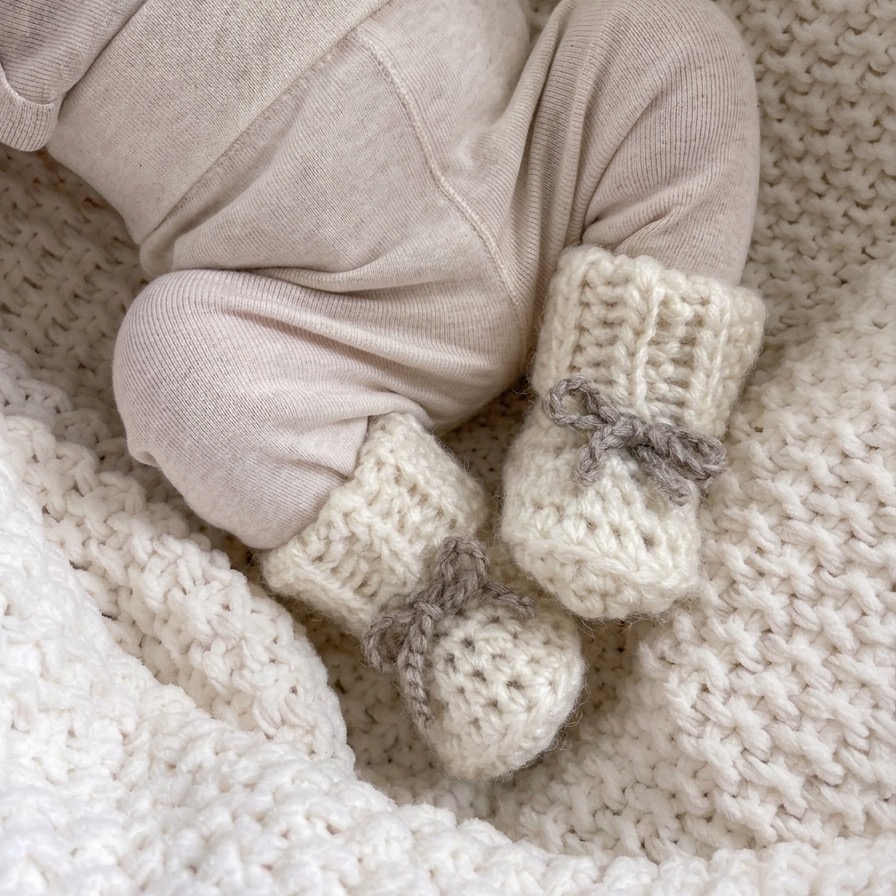Ręcznie wykonane buciki niemowlęce niechodki z 100% baby alpaki na stópkach niemowlęcia. Miękkie buciki dla noworodka 0–3 miesiące, zakładane bezpośrednio na stópkę dzięki elastycznemu ściągaczowi.