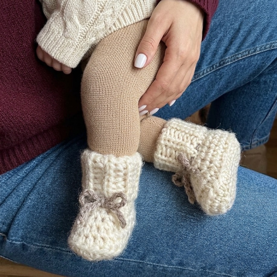 Ręcznie wykonane buciki niemowlęce niechodki z 100% baby alpaki na stópkach niemowlęcia. Miękkie buciki dla noworodka 0–3 miesiące, zakładane bezpośrednio na stópkę dzięki elastycznemu ściągaczowi.