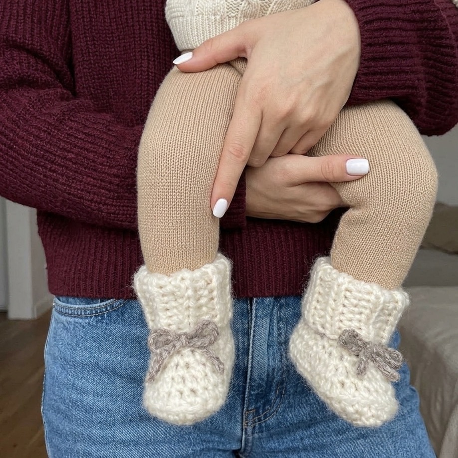 Ręcznie wykonane buciki niemowlęce niechodki z 100% baby alpaki na stópkach niemowlęcia. Miękkie buciki dla noworodka 0–3 miesiące, zakładane bezpośrednio na stópkę dzięki elastycznemu ściągaczowi.