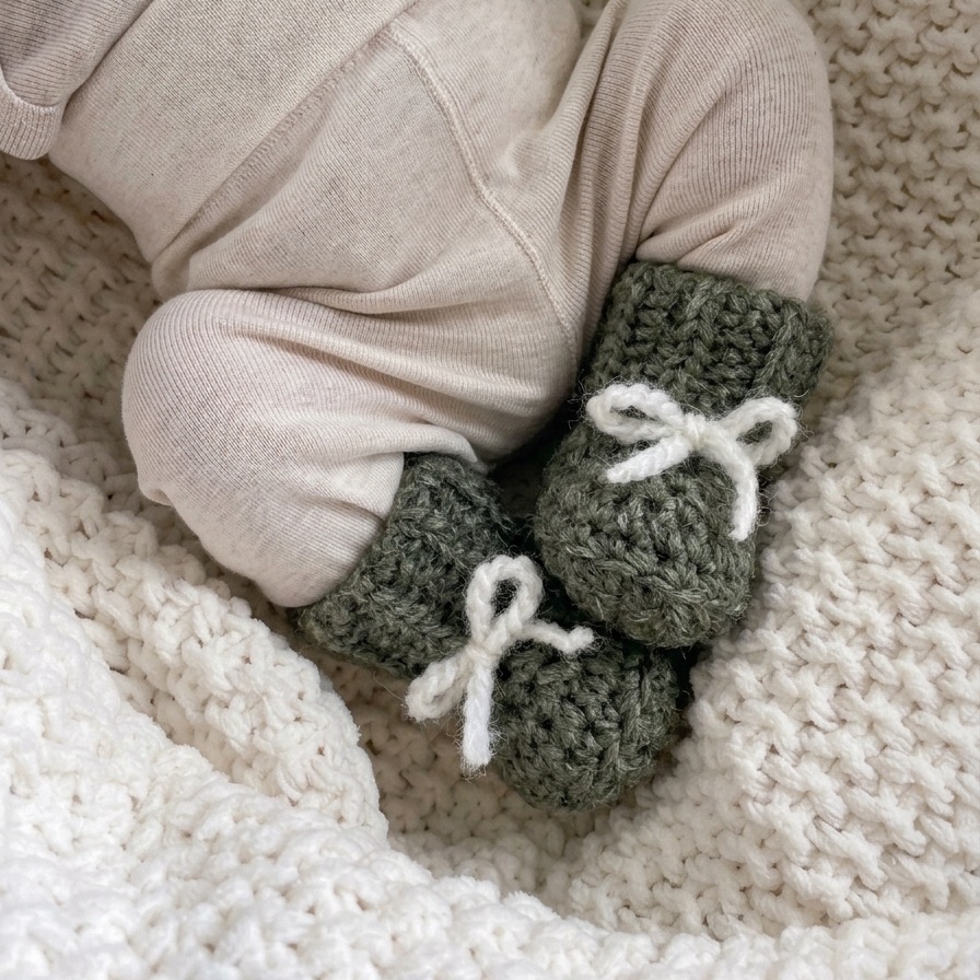 Ręcznie wykonane buciki niemowlęce niechodki z 100% baby alpaki na stópkach niemowlęcia. Miękkie buciki dla noworodka 0–3 miesiące, zakładane bezpośrednio na stópkę dzięki elastycznemu ściągaczowi.