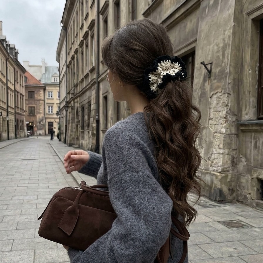 Anastazja – ręcznie wykonana szydełkowa gumka do włosów. Ozdobna gumka handmade z przędzy, która łączy elegancki wygląd z wyjątkowym charakterem rękodzieła.